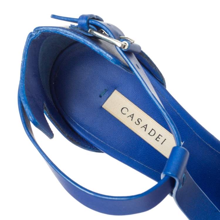 Pre Owned Casadei Blue Leather T-Strap Platform Sandals Size 37