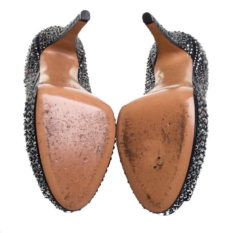 Pre Owned Casadei Black Leather Swarovski Crystal Embellished Peep Toe Pumps Size 37