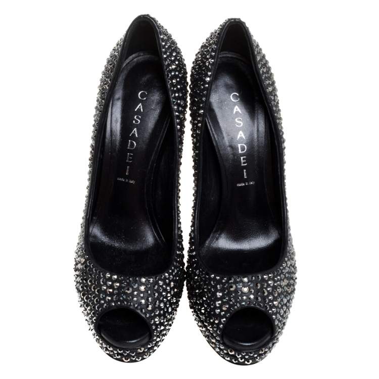 Pre Owned Casadei Black Leather Swarovski Crystal Embellished Peep Toe Pumps Size 37
