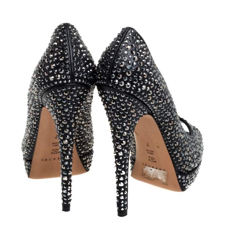 Pre Owned Casadei Black Leather Swarovski Crystal Embellished Peep Toe Pumps Size 37