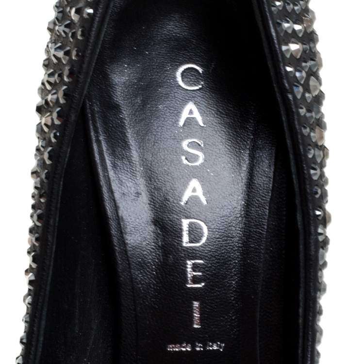 Pre Owned Casadei Black Leather Swarovski Crystal Embellished Peep Toe Pumps Size 37