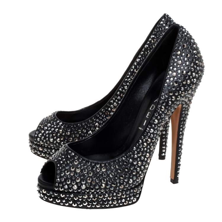 Pre Owned Casadei Black Leather Swarovski Crystal Embellished Peep Toe Pumps Size 37