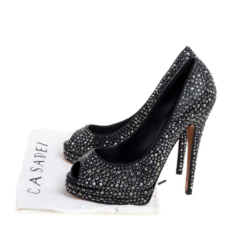 Pre Owned Casadei Black Leather Swarovski Crystal Embellished Peep Toe Pumps Size 37