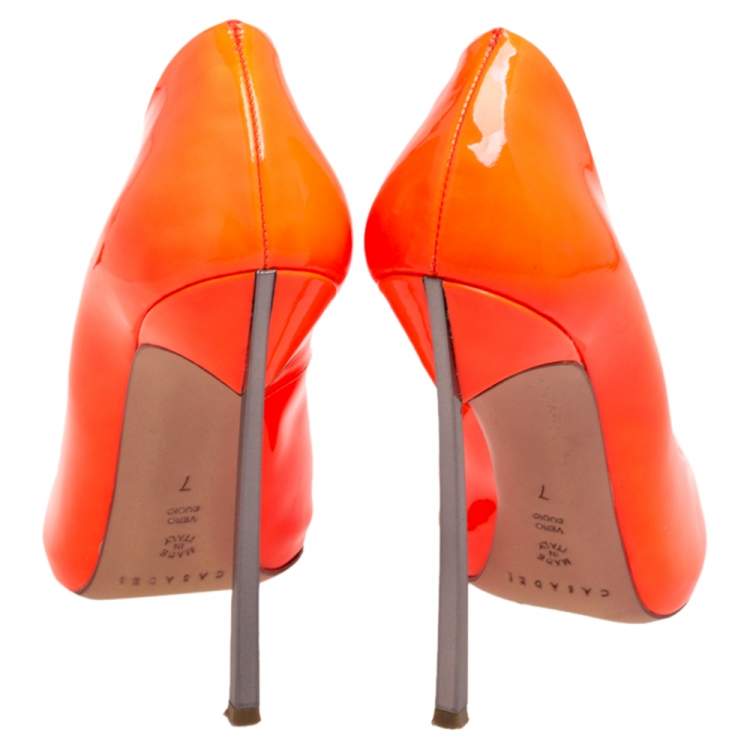 Pre Owned Casadei Neon Orange Leather Blade Pumps Size 37