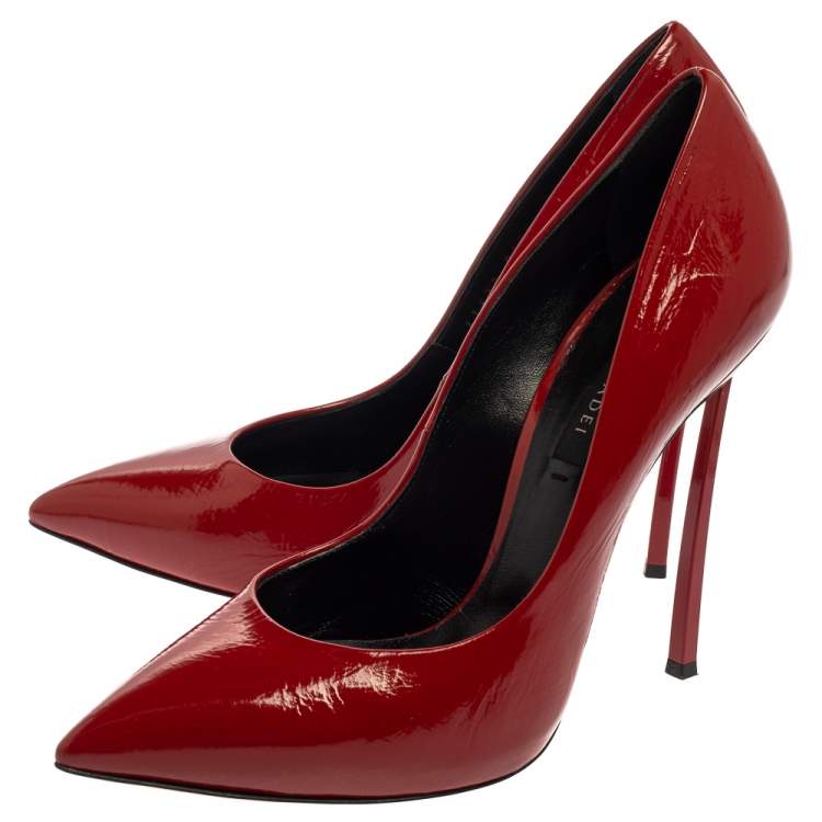 Pre Owned Casadei Red Leather Pointed Toe Pumps Size 38.5
