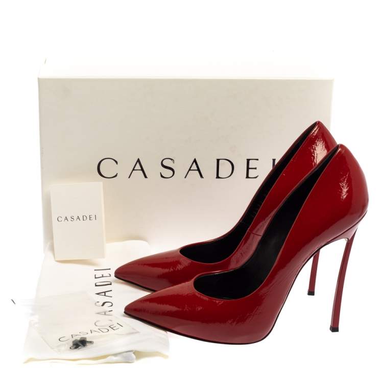 Pre Owned Casadei Red Leather Pointed Toe Pumps Size 38.5
