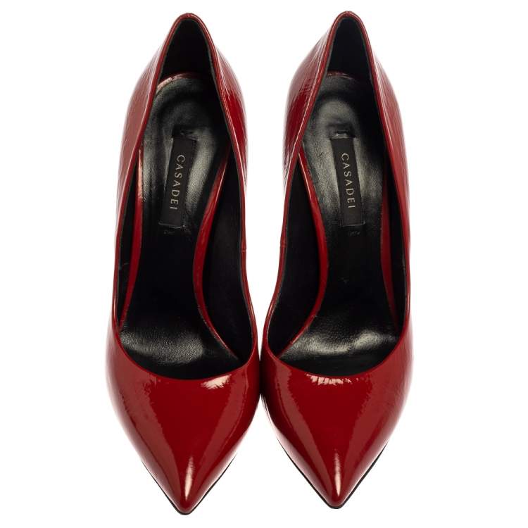 Pre Owned Casadei Red Leather Pointed Toe Pumps Size 38.5