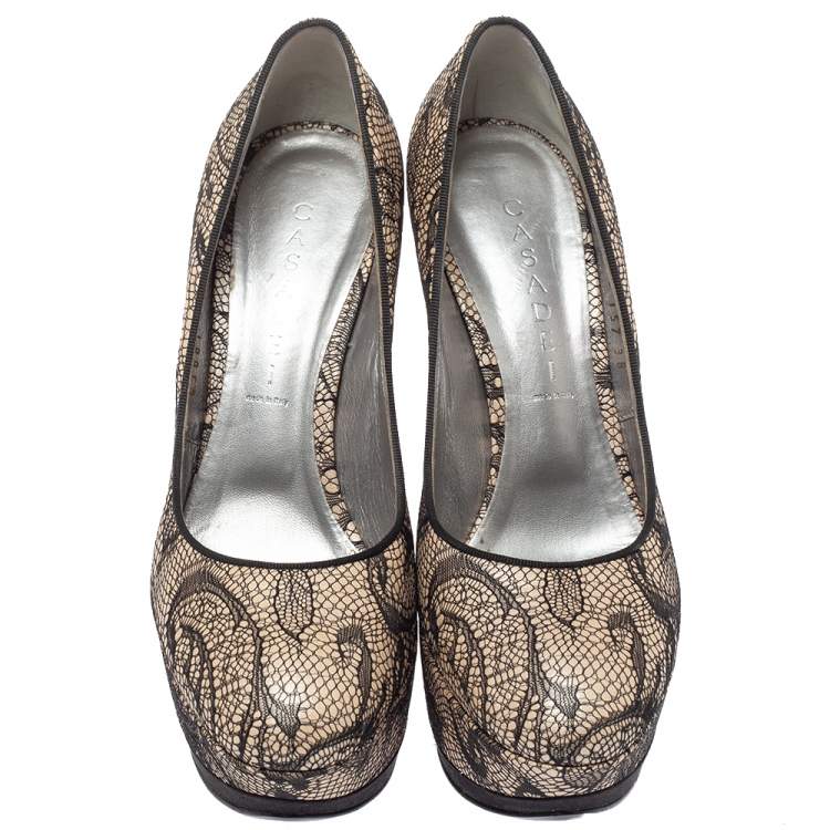 Pre Owned Casadei Beige/Black Lace And Satin Round Toe Platform Pumps Size 38