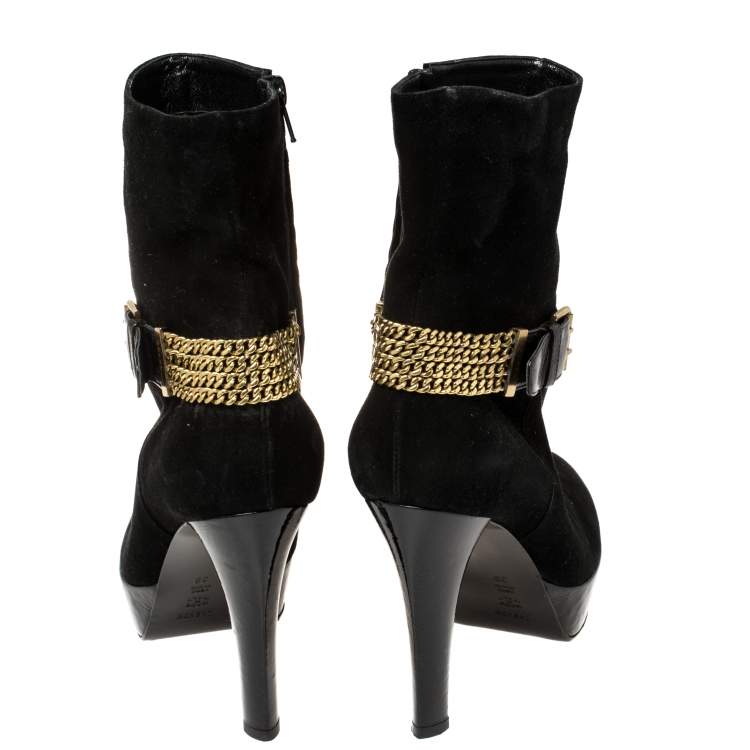 Pre Owned Casadei Black Suede Buckle Chain Embellished Ankle Boots Size 39