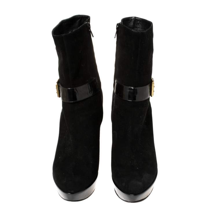 Pre Owned Casadei Black Suede Buckle Chain Embellished Ankle Boots Size 39