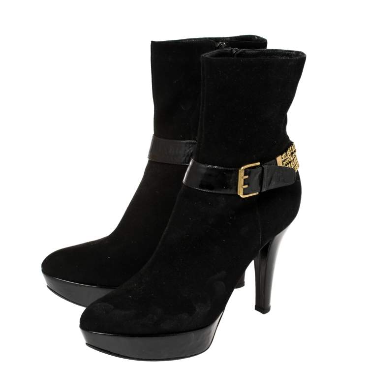 Pre Owned Casadei Black Suede Buckle Chain Embellished Ankle Boots Size 39