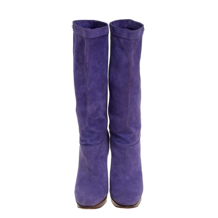 مملوكة مسبقًا Casadei Purple Suede Platform Midcalf Boots Size 38.5