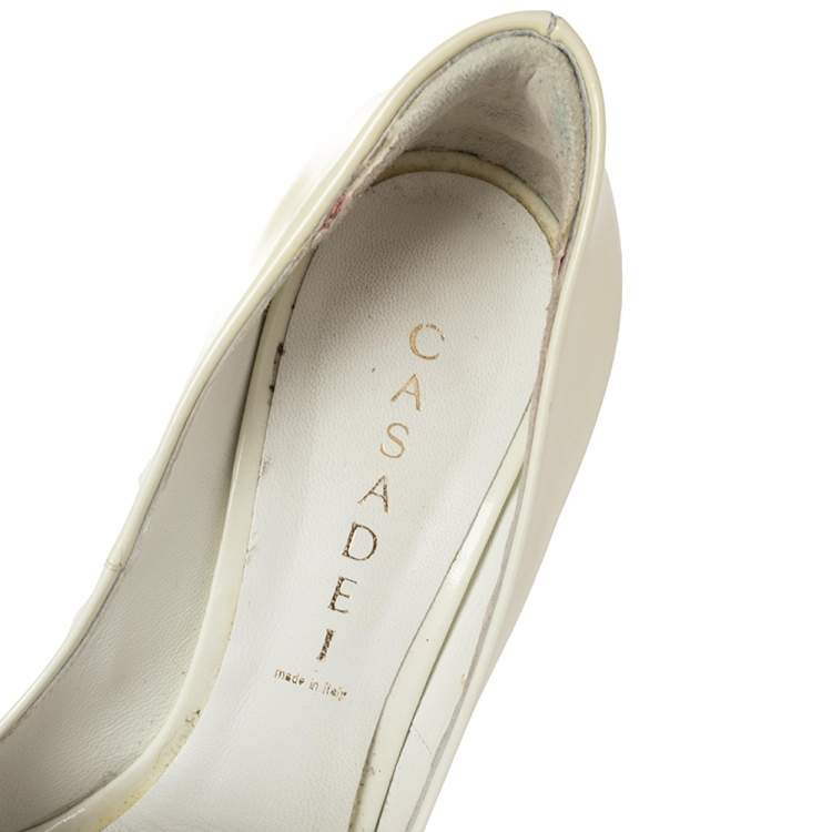 Pre Owned Casadei White Patent Leather Mosaic Mirror Heel Peep Toe Platform Pumps Size 39