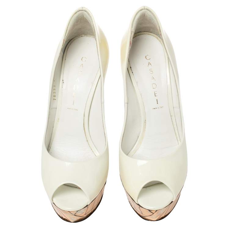 Pre Owned Casadei White Patent Leather Mosaic Mirror Heel Peep Toe Platform Pumps Size 39
