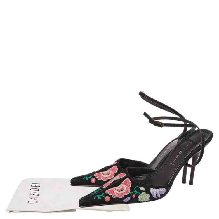 Pre Owned Casadei Black Floral Embroidered Suede Pointed Toe Ankle Wrap Sandals Size 38