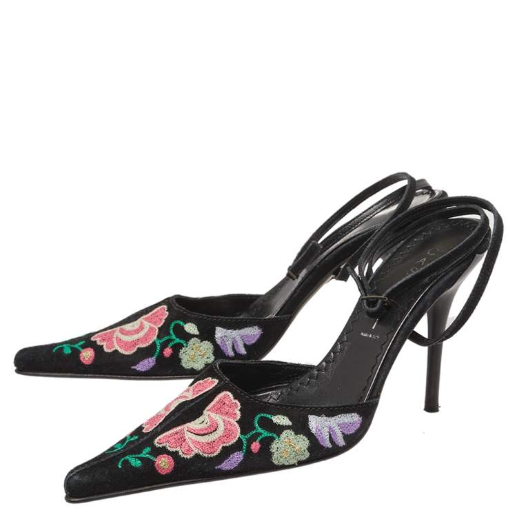 Pre Owned Casadei Black Floral Embroidered Suede Pointed Toe Ankle Wrap Sandals Size 38