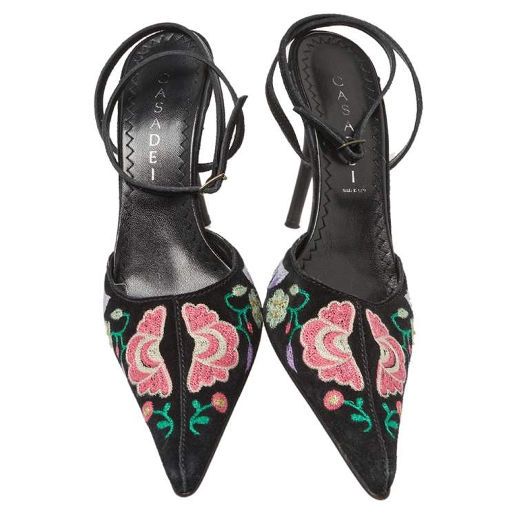 Pre Owned Casadei Black Floral Embroidered Suede Pointed Toe Ankle Wrap Sandals Size 38