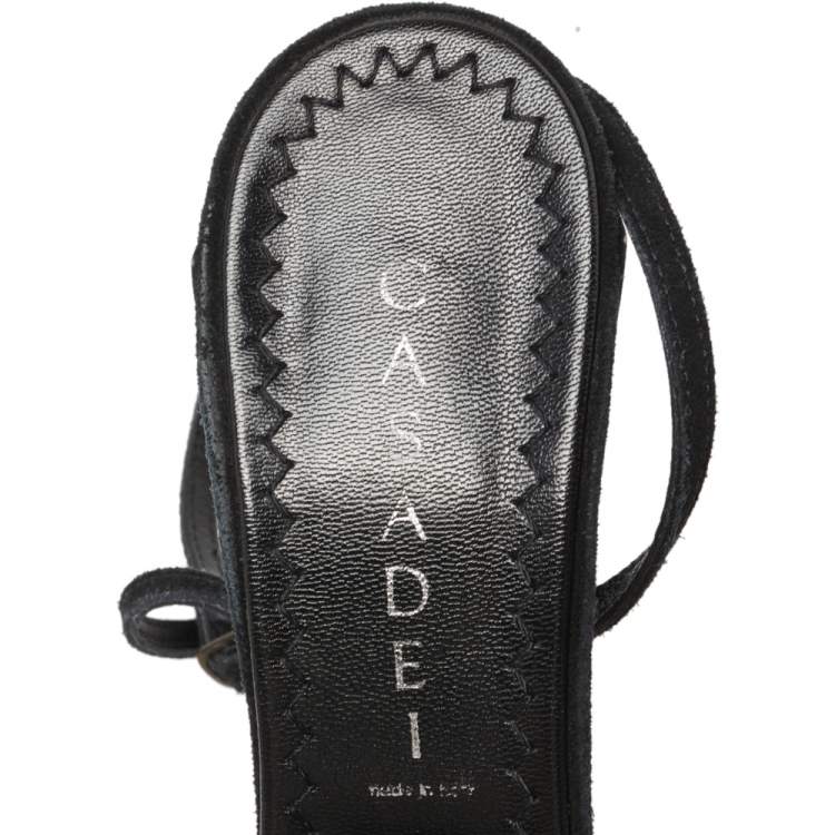 Pre Owned Casadei Black Floral Embroidered Suede Pointed Toe Ankle Wrap Sandals Size 38