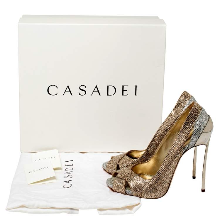 Pre Owned Casadei Gold/Silver Glitter Fabric Peep Toe Pumps Size 39