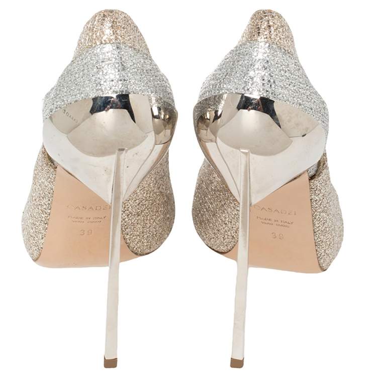 Pre Owned Casadei Gold/Silver Glitter Fabric Peep Toe Pumps Size 39