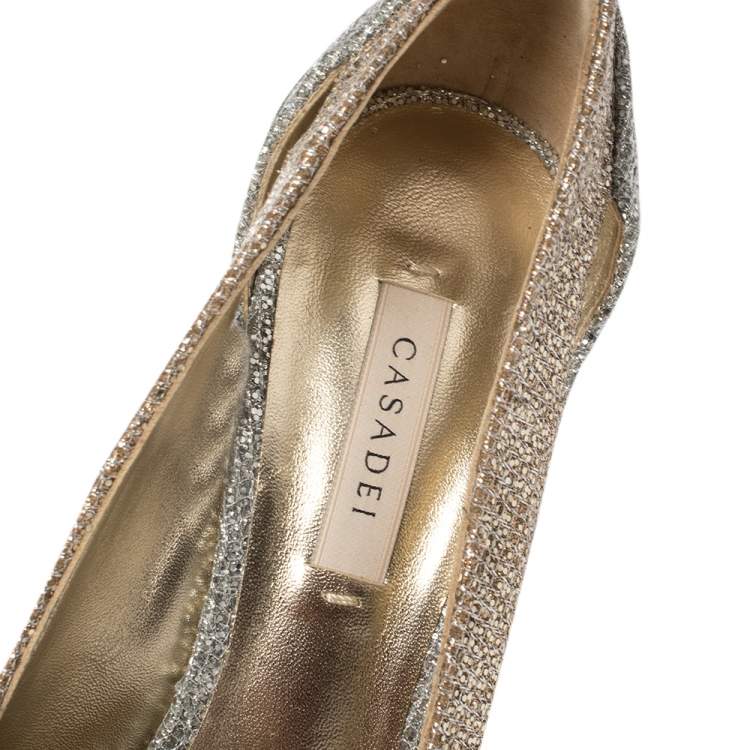 Pre Owned Casadei Gold/Silver Glitter Fabric Peep Toe Pumps Size 39