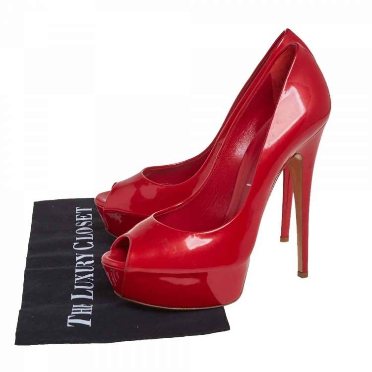 Pre Owned Casadei Red Patent Leather Platform Peep Toe Pumps Size 39