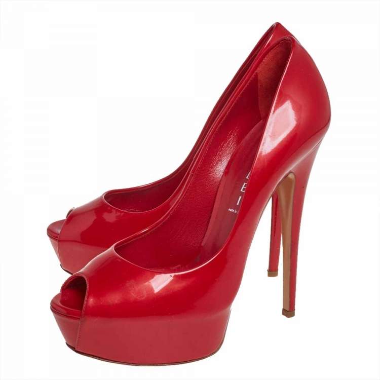 Pre Owned Casadei Red Patent Leather Platform Peep Toe Pumps Size 39