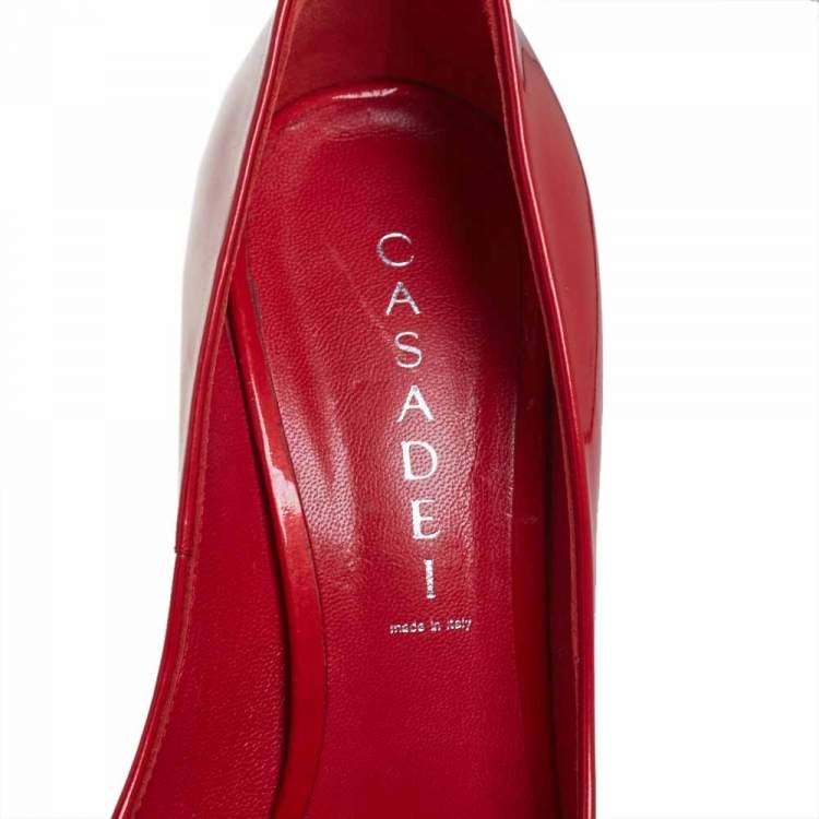 Pre Owned Casadei Red Patent Leather Platform Peep Toe Pumps Size 39