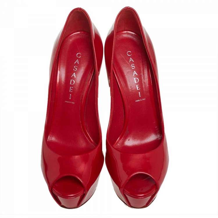 Pre Owned Casadei Red Patent Leather Platform Peep Toe Pumps Size 39
