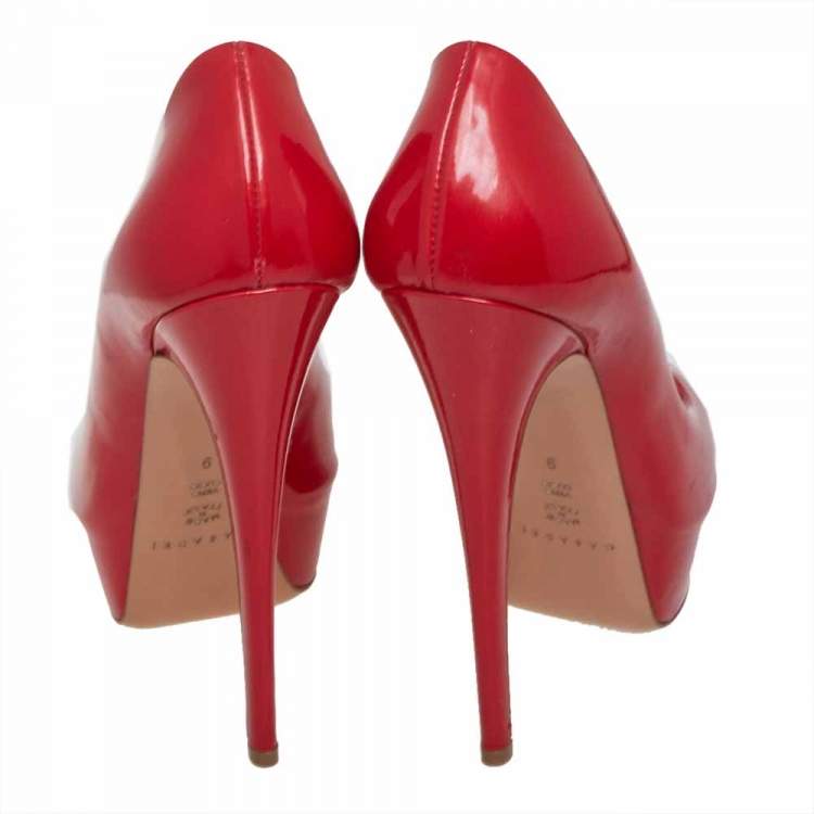 Pre Owned Casadei Red Patent Leather Platform Peep Toe Pumps Size 39