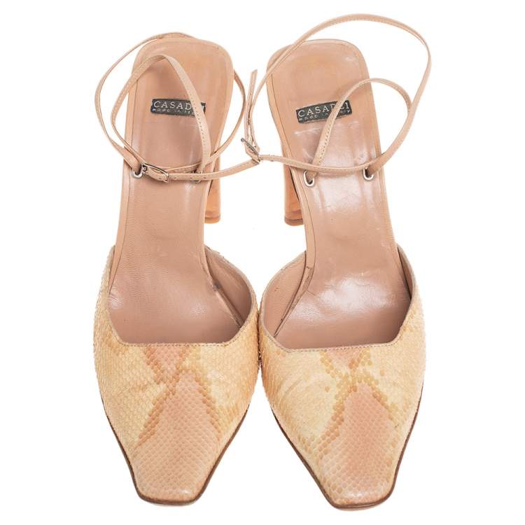 Pre Owned Casadei Beige Snakeskin Square Toe Ankle Wrap Sandals Size 38.5
