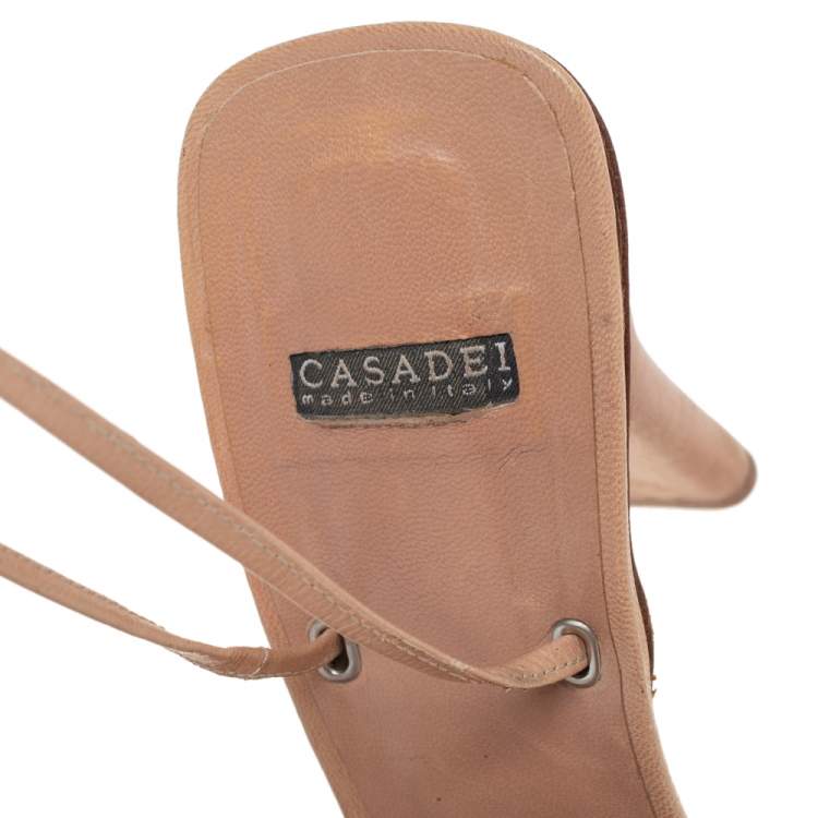 Pre Owned Casadei Beige Snakeskin Square Toe Ankle Wrap Sandals Size 38.5