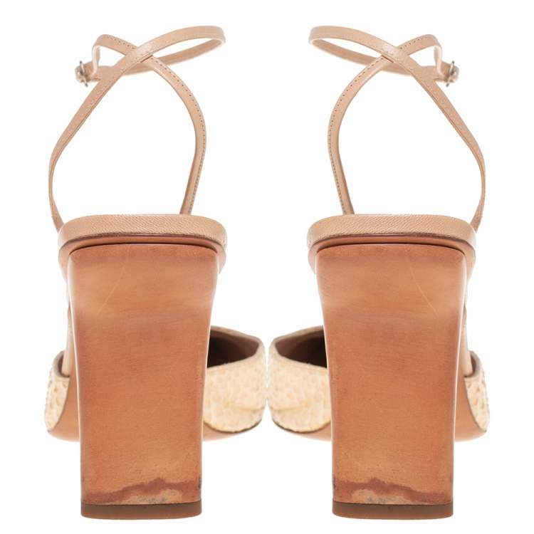 Pre Owned Casadei Beige Snakeskin Square Toe Ankle Wrap Sandals Size 38.5