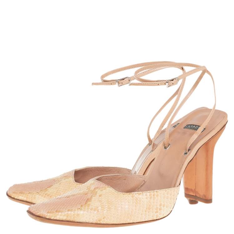 Pre Owned Casadei Beige Snakeskin Square Toe Ankle Wrap Sandals Size 38.5