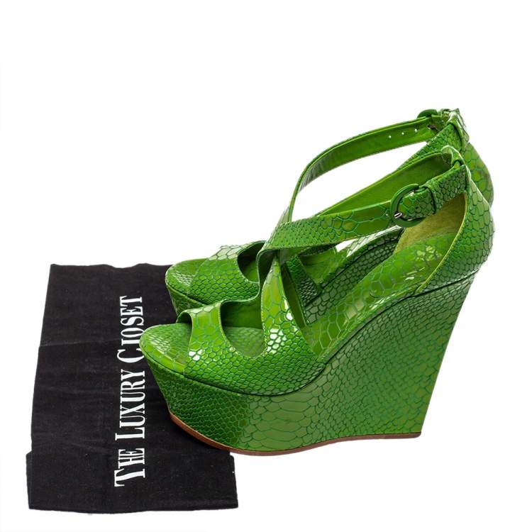 Pre Owned Casadei Green Snake Embossed Leather Ankle Strap Platform Sandals Size 36.5