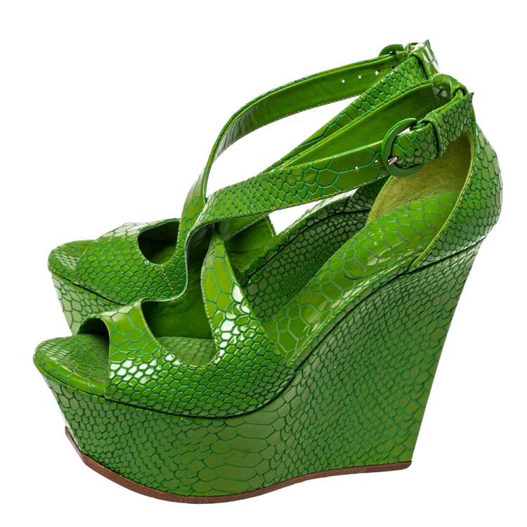 Pre Owned Casadei Green Snake Embossed Leather Ankle Strap Platform Sandals Size 36.5
