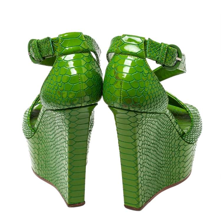 Pre Owned Casadei Green Snake Embossed Leather Ankle Strap Platform Sandals Size 36.5