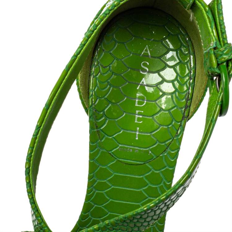 Pre Owned Casadei Green Snake Embossed Leather Ankle Strap Platform Sandals Size 36.5