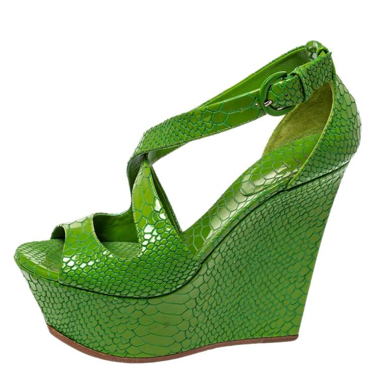 Pre Owned Casadei Green Snake Embossed Leather Ankle Strap Platform Sandals Size 36.5