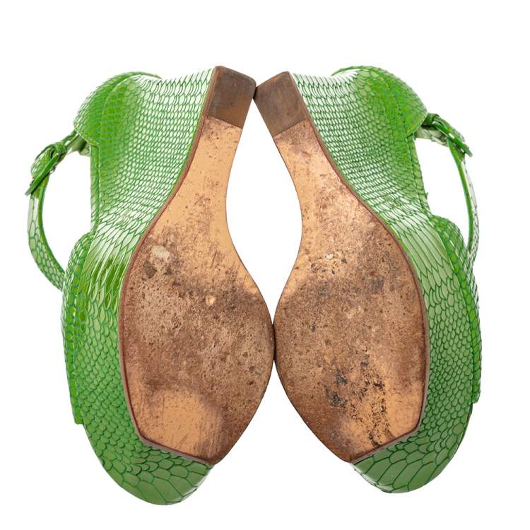 Pre Owned Casadei Green Snake Embossed Leather Ankle Strap Platform Sandals Size 36.5
