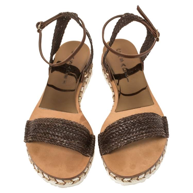 Pre Owned Casadei Brown Leather Ankle Strap Flat Sandals Size 35