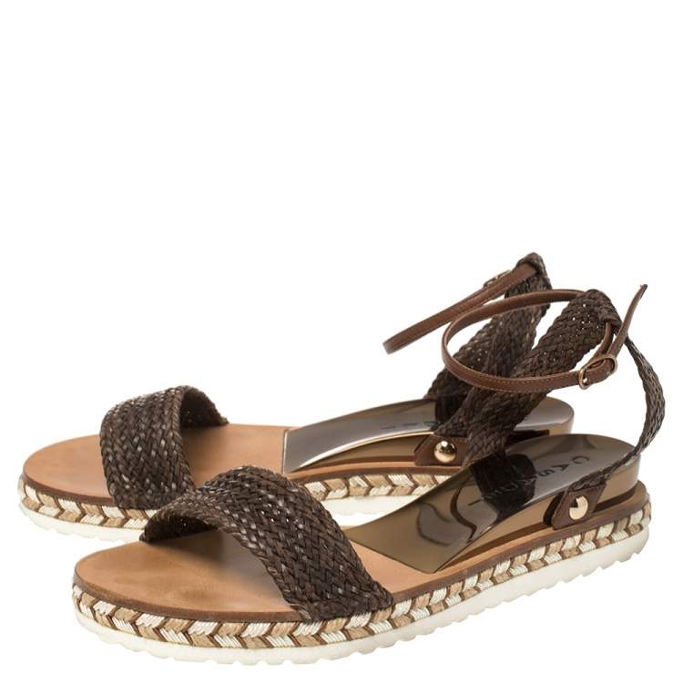 Pre Owned Casadei Brown Leather Ankle Strap Flat Sandals Size 35