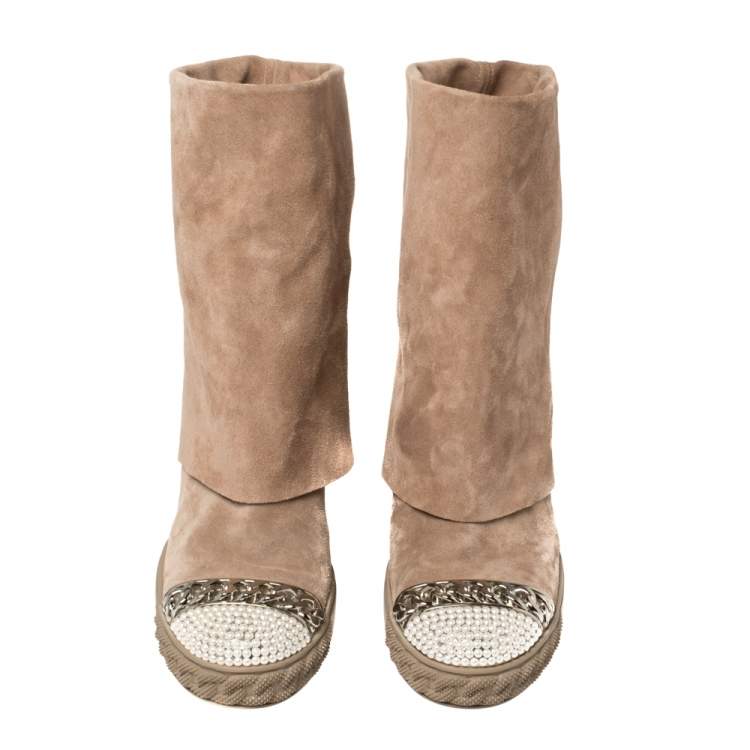 Pre Owned Casadei Beige Suede Pearl And Chain Cap Toe Fold-over Wedge Boots Size 38