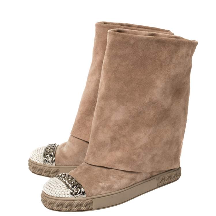 Pre Owned Casadei Beige Suede Pearl And Chain Cap Toe Fold-over Wedge Boots Size 38