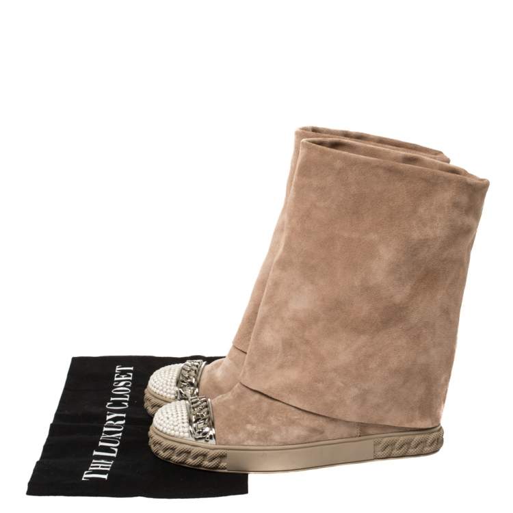 Pre Owned Casadei Beige Suede Pearl And Chain Cap Toe Fold-over Wedge Boots Size 38