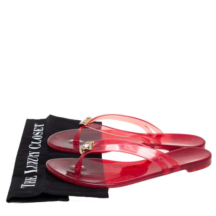 Pre Owned Casadei Red Jelly Crystal Embellished Thong Flat Sandals Size 40