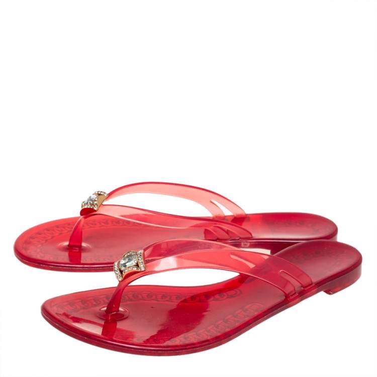 Pre Owned Casadei Red Jelly Crystal Embellished Thong Flat Sandals Size 40