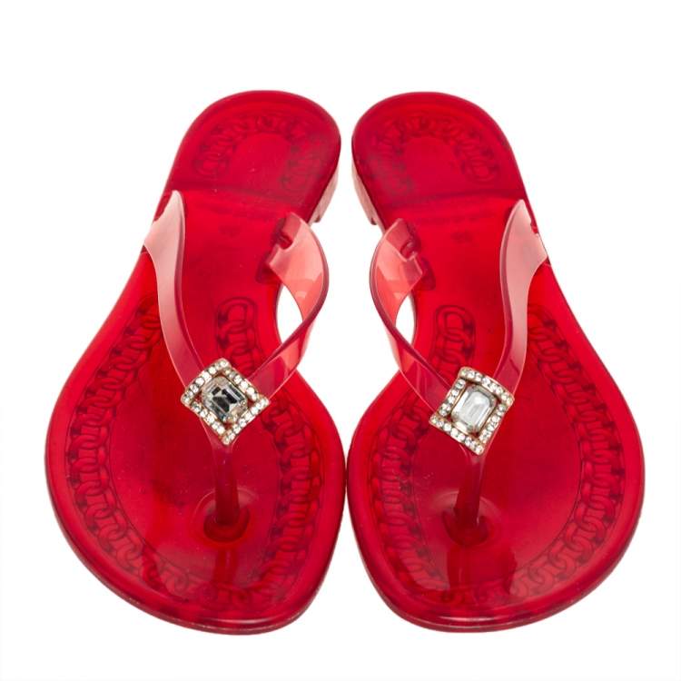 Pre Owned Casadei Red Jelly Crystal Embellished Thong Flat Sandals Size 40