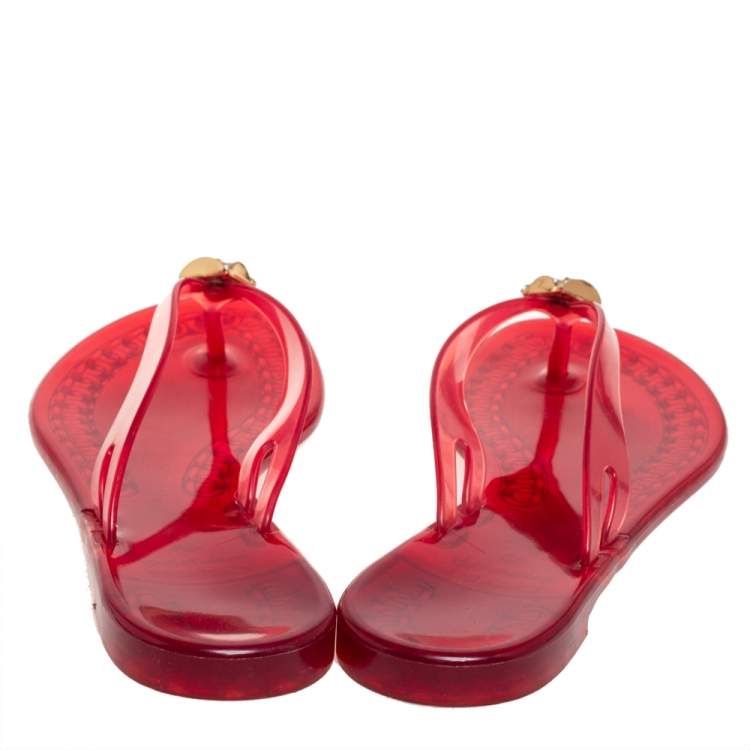 Pre Owned Casadei Red Jelly Crystal Embellished Thong Flat Sandals Size 40