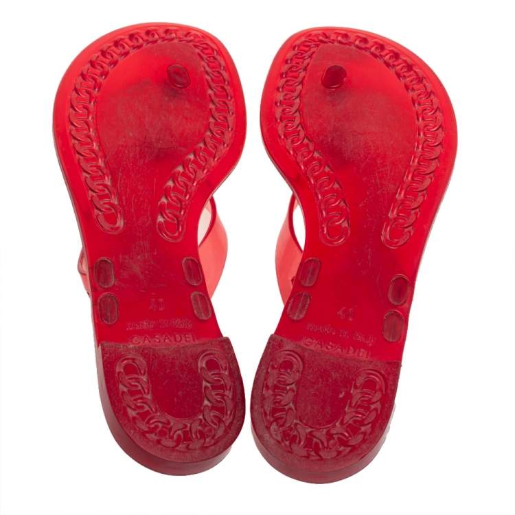 Pre Owned Casadei Red Jelly Crystal Embellished Thong Flat Sandals Size 40